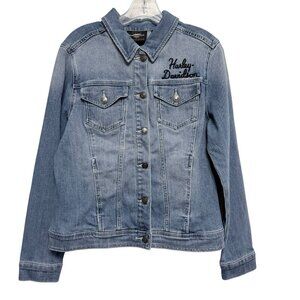 Harley Davidson Women's Denim Trucker Jacket Size Large Pockets Embroidery Patch